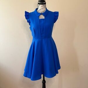 EMIS Korea Royal Blue Flutter Sleeve Asymmetrical Dress Flare Mini  S K-Fashion